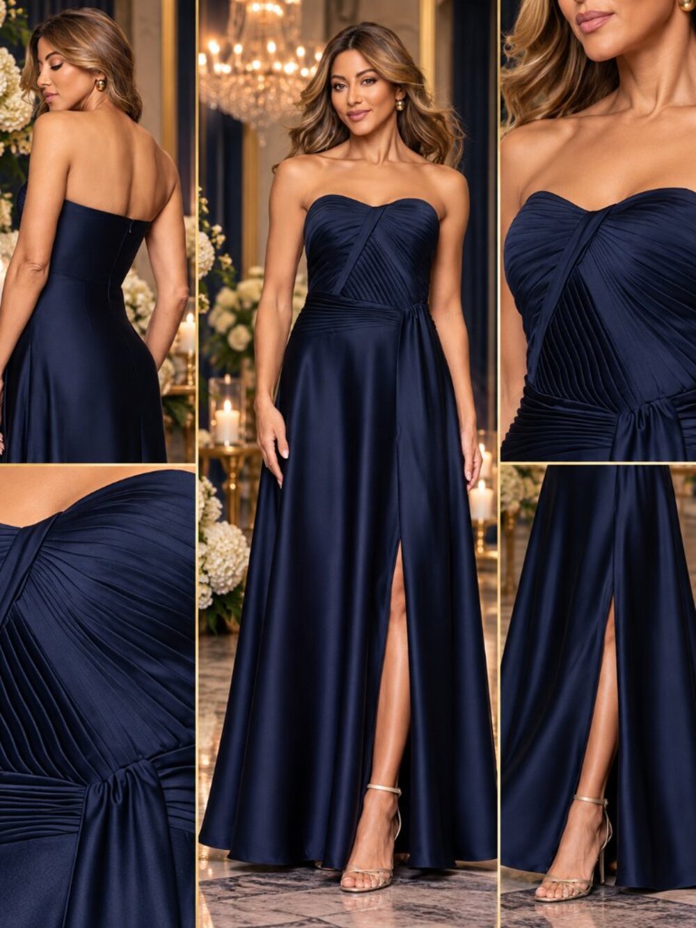 XSCAPE Size 10 Navy Hammered Satin Strapless Formal Gown NWT